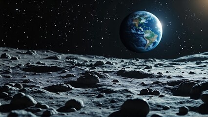 Earth seen from a lunar landscape at night.