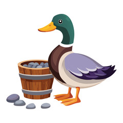 Colorful Duck Next to Farm Bucket