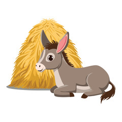 Cute Donkey Resting on Hay Bale