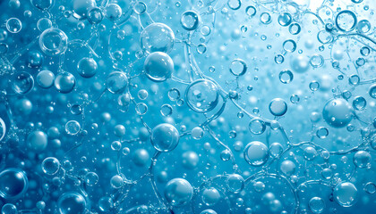 Vibrant Blue Water Texture with Air Bubbles: An immersive close-up of a deep blue fluid permeated with diverse air bubbles, creating a complex, shimmering, and refreshing visual.