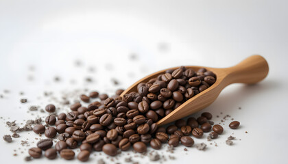 Fototapeta premium Coffee Ingredient: Beans with Scoop & Copy Space: A detailed shot of coffee beans with a wooden measuring scoop, providing texture and clear focus, with ample white space for text.