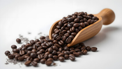 Fototapeta premium Fresh Coffee Beans with Wooden Scoop on White: Close-up of whole roasted coffee beans overflowing from a wooden scoop, scattered on a minimalist white surface with soft focus.