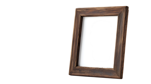 High-quality still life of a rustic wooden photo frame with a placeholder picture, leaning upright