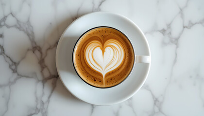 Perfect Heart Latte Art on Marble Table: Top-down view of a beautiful coffee with intricate heart-shaped latte art, served on a white saucer atop a elegant marble surface.