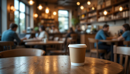 Takeaway Coffee Cup in Bustling Cafe Setting: A single kraft paper coffee cup prominently featured on a wooden surface, with a busy, out-of-focus coffee shop environment behind.