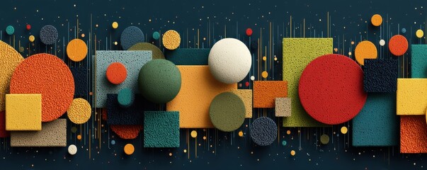 Colorful abstract geometric composition with circles and squares on a dark background