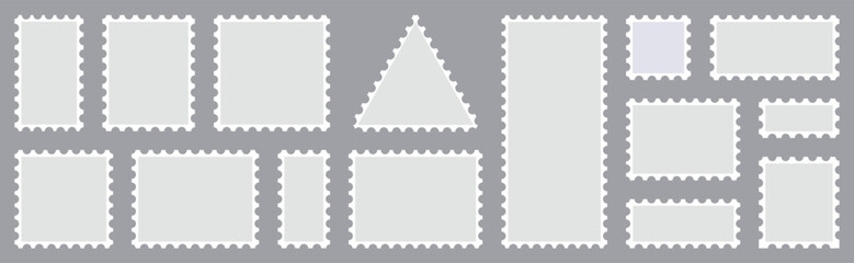 Set of postage stamps. Postage stamp borders set vector. Post stamp frame and border. Grey square and rectangular template for mail, postcard, letter. Empty postage stamp. Blank or Clean postage stamp