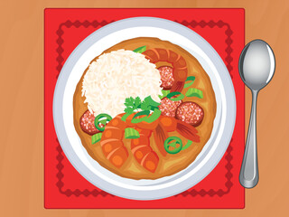 Gumbo soup with shrimp, sausage and rice on a plate top view vector illustration. Stew on a wooden table above view vector. Gumbo dish on the table drawing. Classic meal in Louisiana