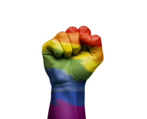 Rainbow colored raised fist symbol PNG representing LGBTQ+ pride, strength, and equality activism. LGBTQ+ rainbow fist isolated for Pride Month visuals, human rights and campaigns