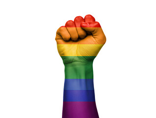 Rainbow colored raised fist symbol PNG representing LGBTQ+ pride, strength, and equality activism. LGBTQ+ rainbow fist isolated for Pride Month visuals, human rights and campaigns