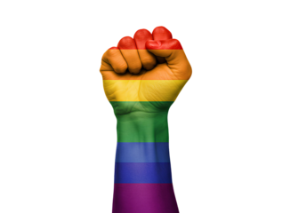 Rainbow colored raised fist symbol PNG representing LGBTQ+ pride, strength, and equality activism. LGBTQ+ rainbow fist isolated for Pride Month visuals, human rights and campaigns