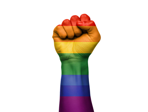 Rainbow colored raised fist symbol PNG representing LGBTQ+ pride, strength, and equality activism. LGBTQ+ rainbow fist isolated for Pride Month visuals, human rights and campaigns