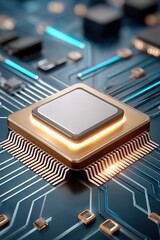 Close-up of a glowing microchip on a modern blue circuit board