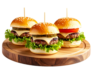 Mini Slider Sandwich Trio on Wooden Serving Board, Isolated on Transparent Background