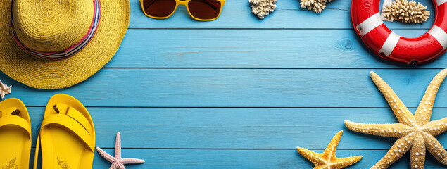 Bright summer accessories with yellow hat, sunglasses, and starfish on blue wooden surface