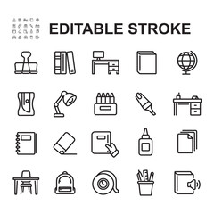 Back to school icons collection. Thin line style vectors. Contains icons such as bags, books, study tables and more.