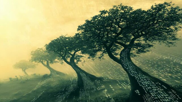 Mysterious Forest with Trees and Binary Code in Ethereal Atmosphere