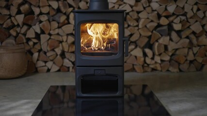 A black stove with a fire burning in it. The fire is orange and yellow. The stove is surrounded by wood logs