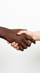 Close up of a handshake between a dark skinned hand and a light skinned hand on a white background
