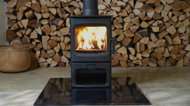 A black stove with a fire in it is in front of a pile of wood. The fire is burning brightly and the stove is surrounded by logs