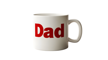 Photorealistic product shot of a white ceramic coffee mug with "Dad" printed in bold red letters
