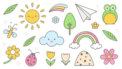 Fun cartoon vector illustration of a seamless spring nature pattern with colorful eggs, flowers, and butterflies