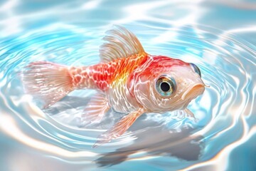 Fototapeta premium Bright orange and white goldfish swimming in clear water with ripples and reflections