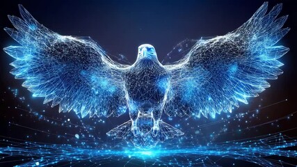 Abstract blue digital eagle with glowing wings in geometric cyberspace environment - Powered by Adobe