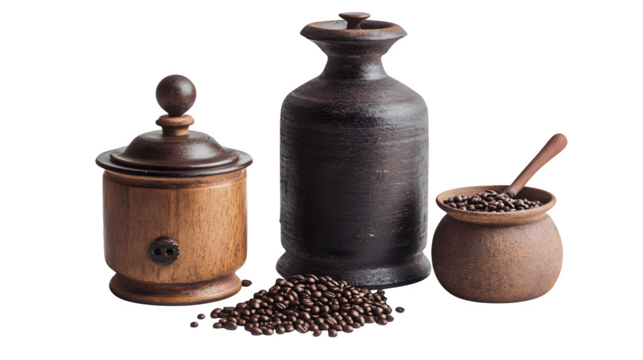 Product shot of a coffee-making set (coffee beans, jar, manual grinder) , sharp studio lighting