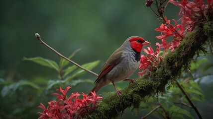 Close-up of a small bird with red head perched on a branch with red flowers.