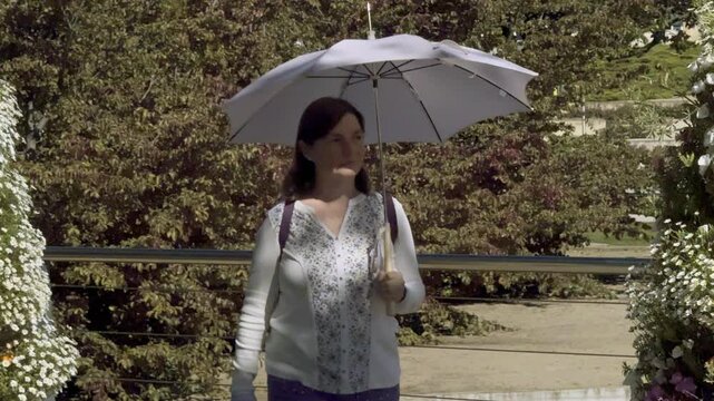 Woman Walking with Parasol in Rosaleda Juan Carlos I Park