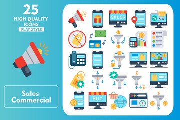 Sales Commercial Flat Icon Set. Incleded Icons Announcement, Gift Box, Sales, Placeholder, Ecommerce, No Sales, Payment Method. Vector Icons Collection