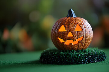 golf ball designed with a carved jack-o'-lantern face, placed atop a green artificial pumpkin-shaped stand, Halloween theme