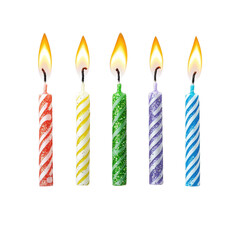 Five colorful birthday candles with lit flames against a black background. Candles are red, yellow, green, purple, and blue with white stripes or glitter.