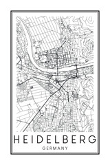 Obraz premium Hand drawn printable downtown road map poster of the German city of HEIDELBERG on solid white background with city name