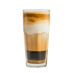 Iced layered coffee, a latte or macchiato, smooth creamy drink with brown and white layers, a modern chic cafe refreshment for summer