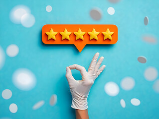 Contemporary art collage depicting a human hand showing a gesture of ok. A five-star performance , five star rating, hand holding wooden sign, yellow stars, blue background, confetti falling

