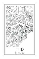 Fototapeta premium Hand drawn printable downtown road map poster of the German city of ULM on solid white background with city name