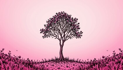 Obraz premium Artistic Silhouette of a Tree Against a Pink Background in a Serene Landscape