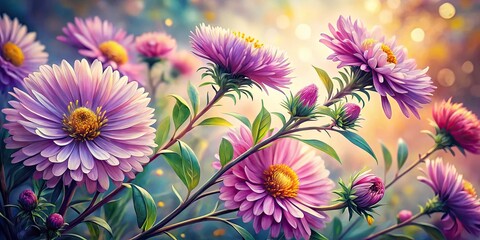 Obraz premium Beautiful Watercolor Aster Branches in Macro Photography, Vibrant Floral Artwork, Nature Illustration, Botanical Beauty, Colorful Blooms, Close-up Floral Art, Summer Flowers