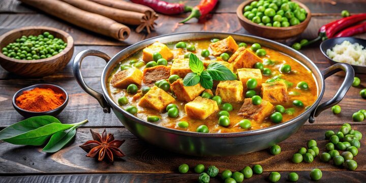 Authentic Indian Mutter Paneer Dish with Vibrant Spices on Rustic Wooden Background - Culinary Delight