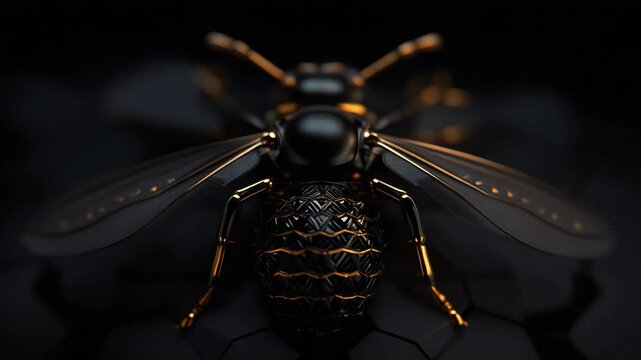 Elegant black and gold bee design with dark background, stunning insect art and detailed rendering