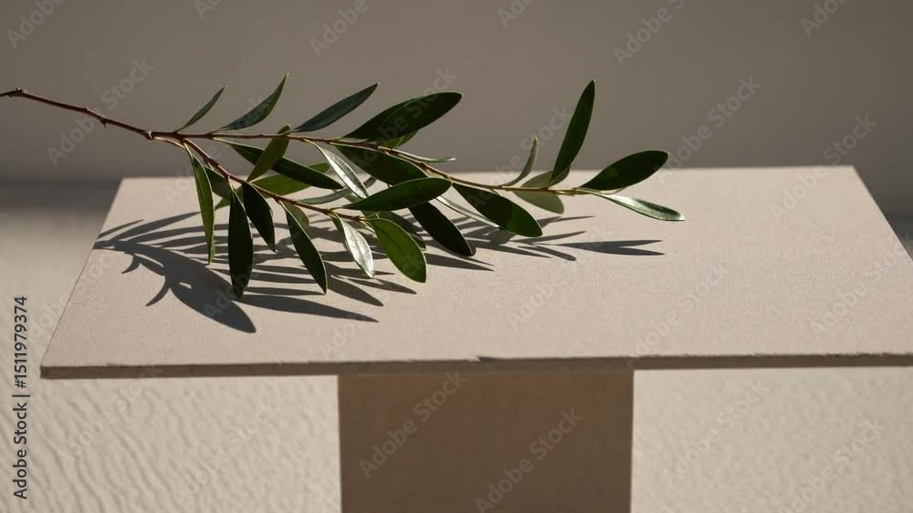 Poster serene olive branch minimalist beige platform with natural sunlight and soft shadow, evoking calm el