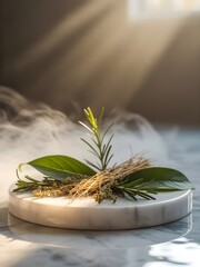 Fresh green rosemary sprigs and leaves are featured in a pot, a mortar with a pestle,