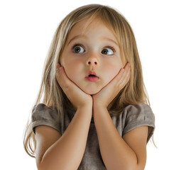 Portrait of a cute little girl with a surprised face of wonder, an adorable and innocent expression of childhood awe, isolated studio headshot