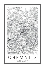 Obraz premium Hand drawn printable downtown road map poster of the German city of CHEMNITZ on solid white background with city name