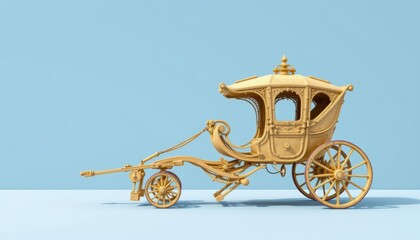 Intricately Designed Golden Vintage Carriage Model on Light Blue Background