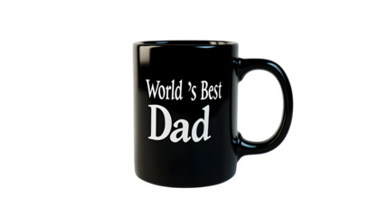 Ultra-realistic image of a black ceramic coffee mug with "World?s Best Dad"