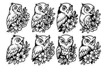 Decorative Owl and Flowers Vector Set – Hand Drawn Style"
