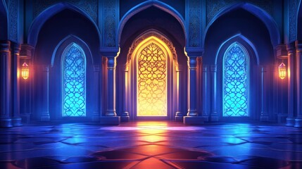 Obraz premium A grand, ornate hall with arched doorways and stained-glass windows. Intensely colored, glowing with a rich, mystical ambiance